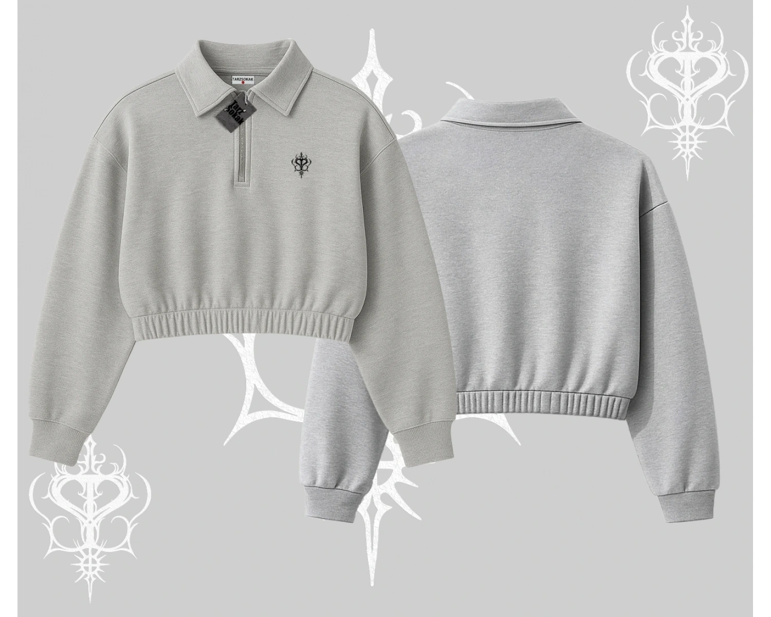 Beyaz Crop Yarım Fermuarlı Sweatshirt Özel logolu