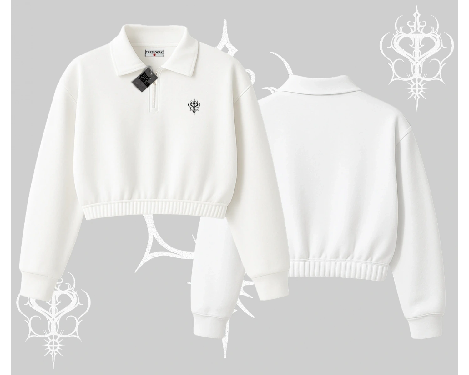 Beyaz Crop Yarım Fermuarlı Sweatshirt Özel logolu