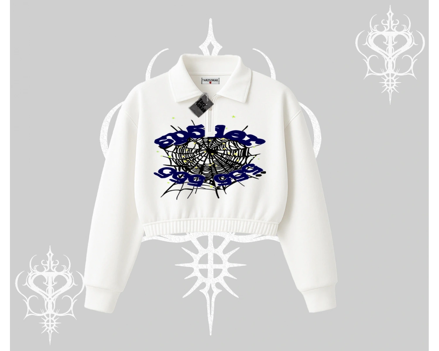 Beyaz Crop Yarım Fermuarlı Sweatshirt Sp55der