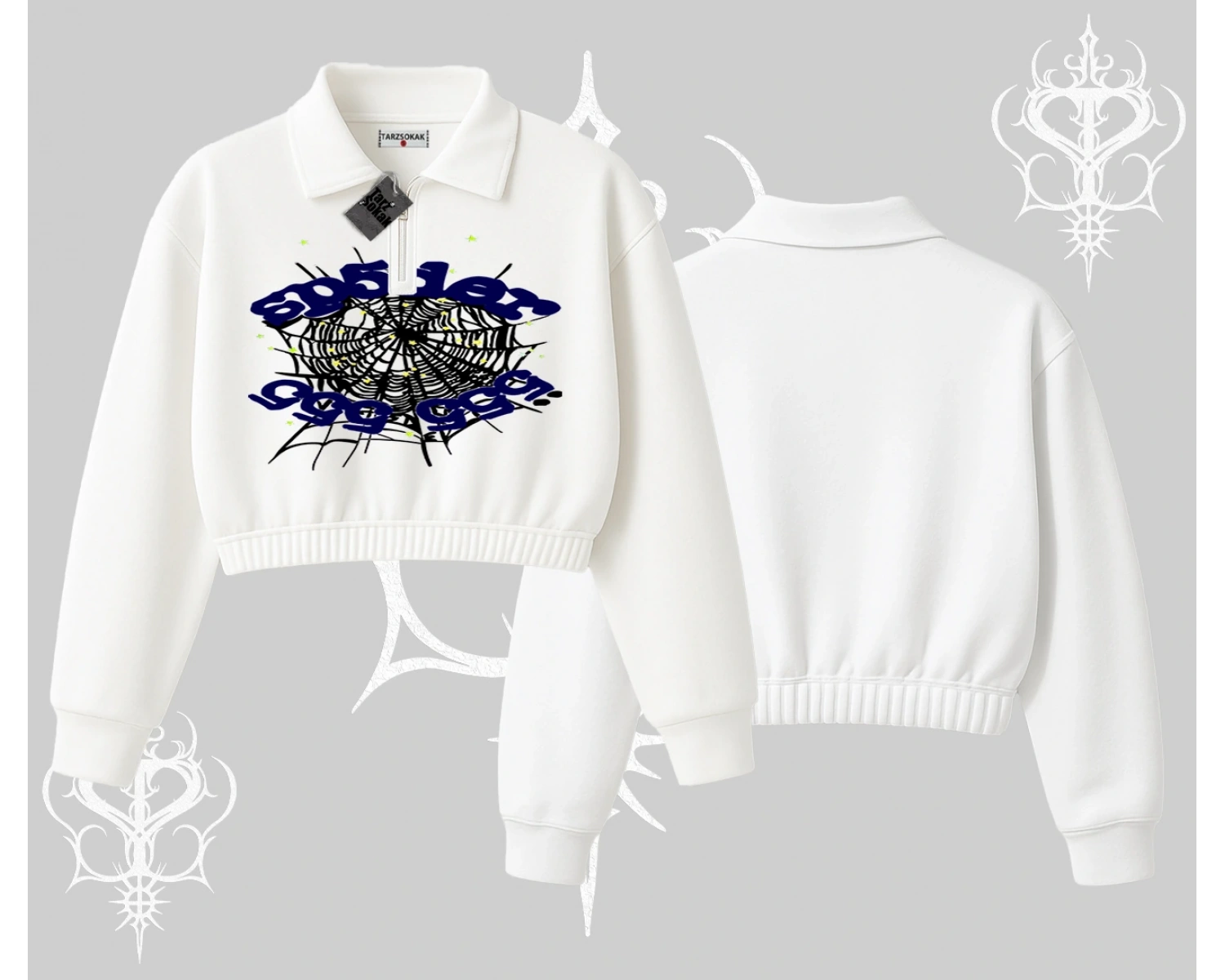 Beyaz Crop Yarım Fermuarlı Sweatshirt Sp55der