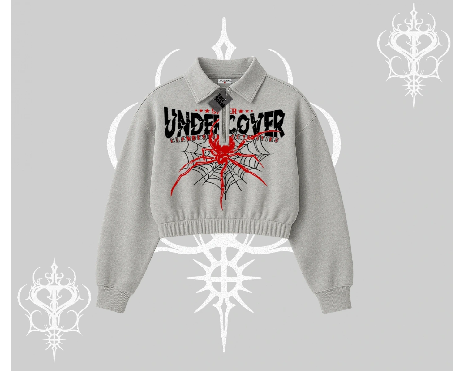 Beyaz Crop Yarım Fermuarlı Sweatshirt Spider Undercover