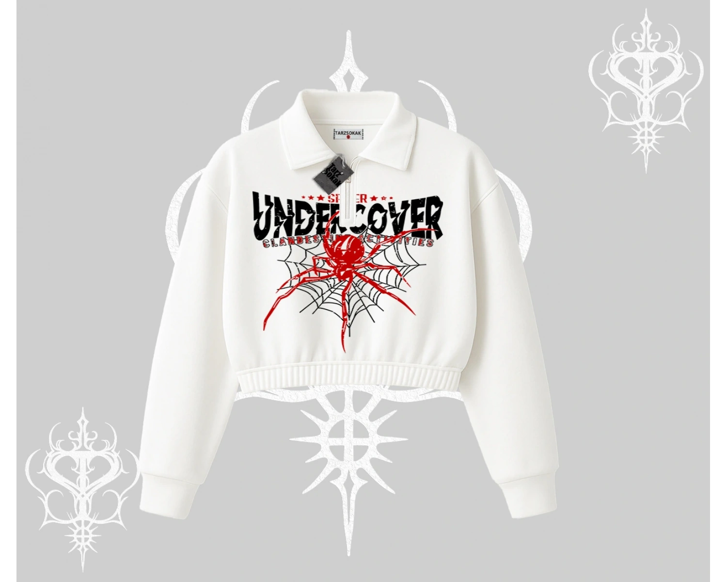 Beyaz Crop Yarım Fermuarlı Sweatshirt Spider Undercover