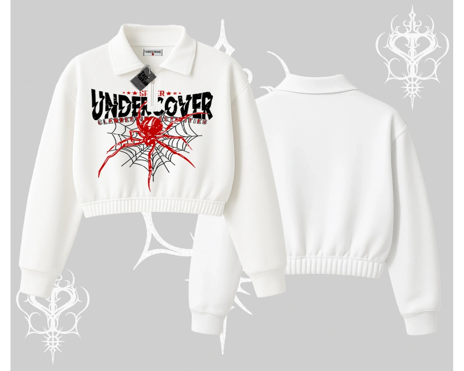 Beyaz Crop Yarım Fermuarlı Sweatshirt Spider Undercover
