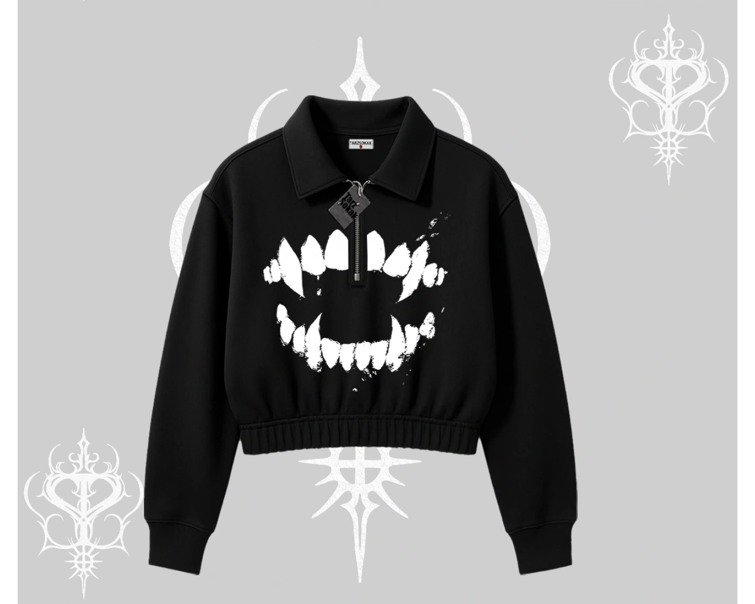 Beyaz Crop Yarım Fermuarlı Sweatshirt Vampir Dış