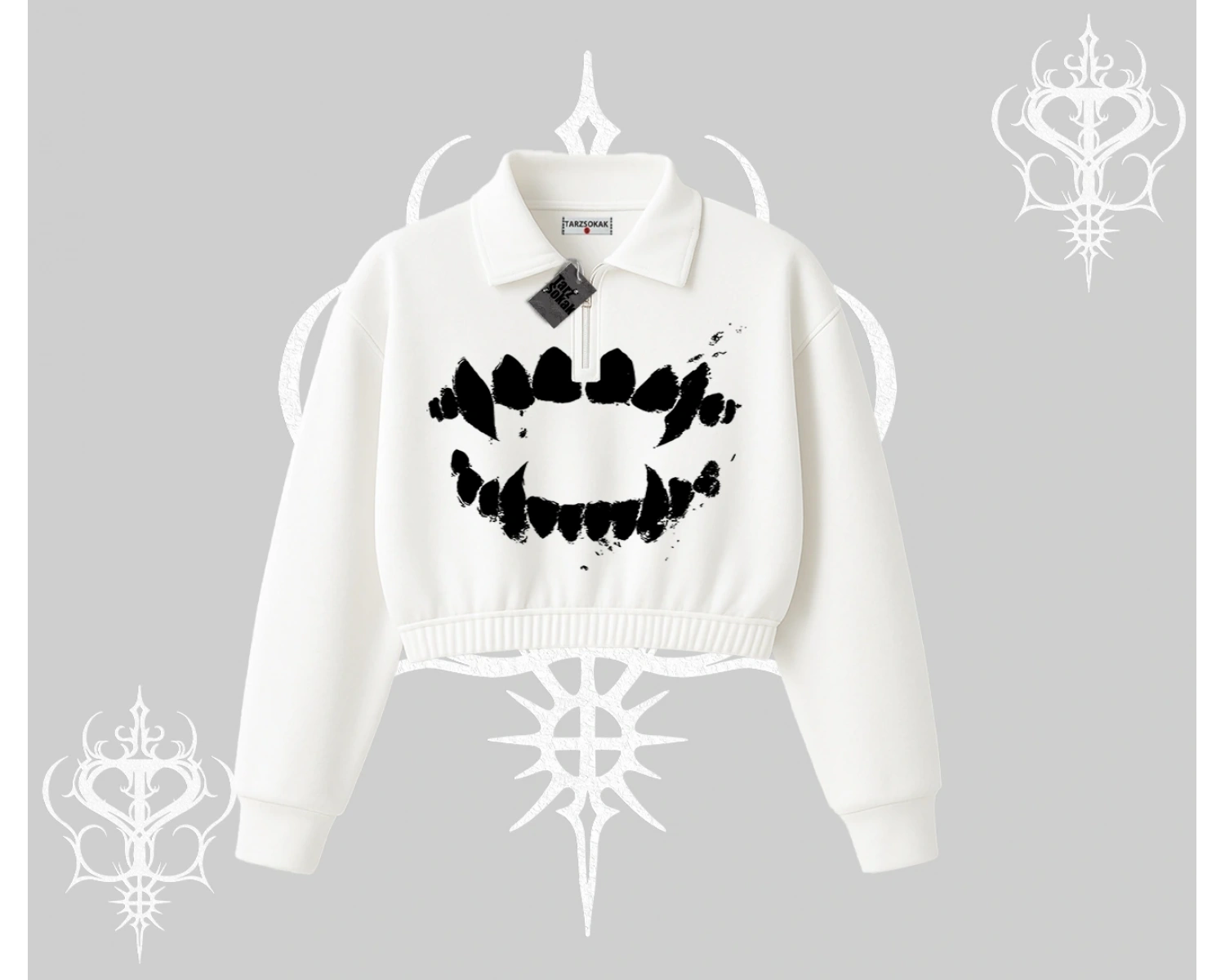 Beyaz Crop Yarım Fermuarlı Sweatshirt Vampir Dış