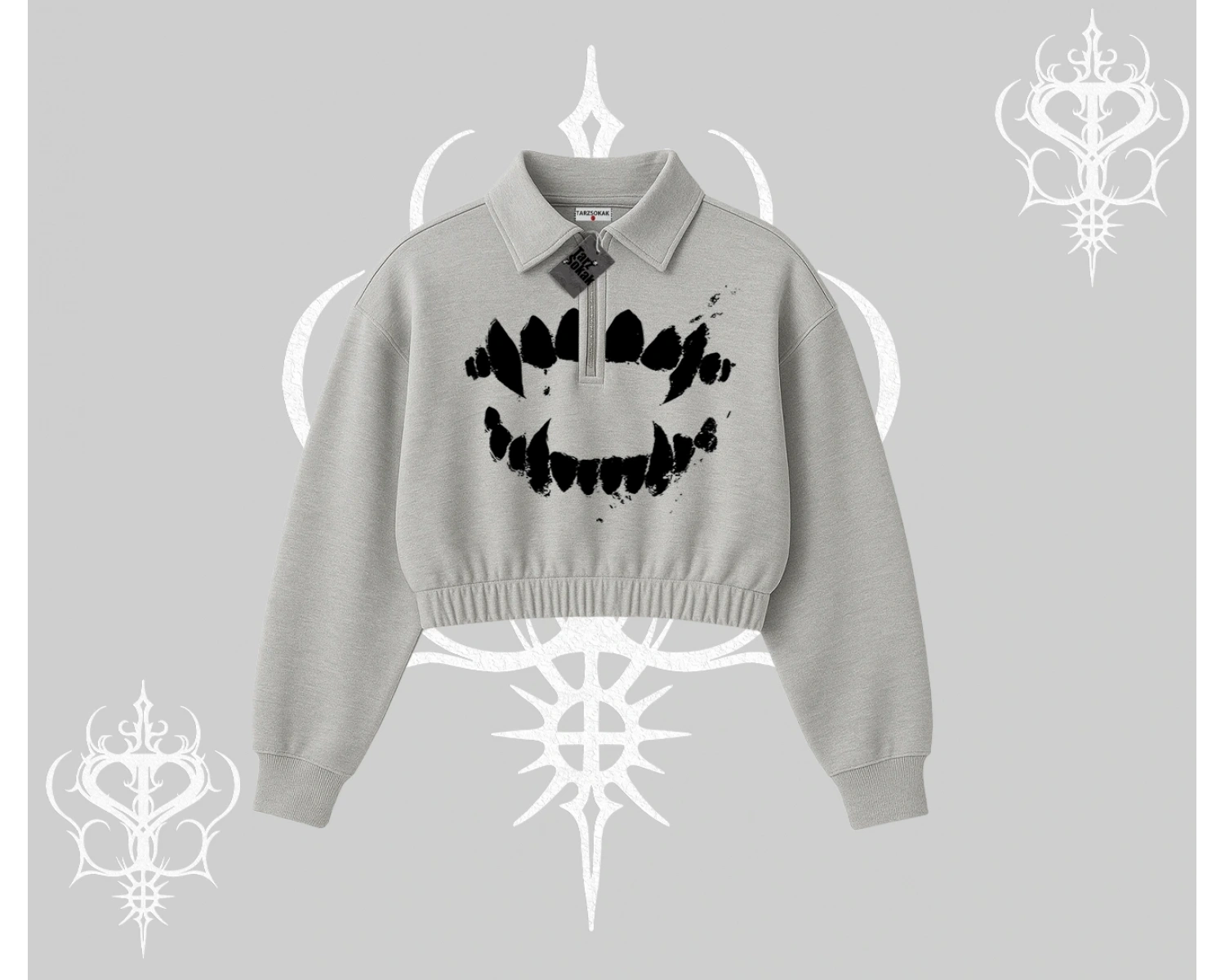 Beyaz Crop Yarım Fermuarlı Sweatshirt Vampir Dış