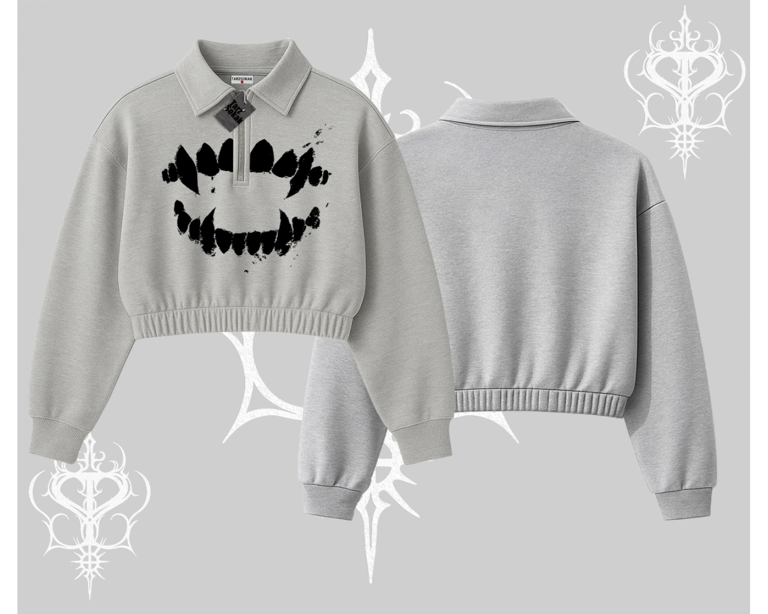 Beyaz Crop Yarım Fermuarlı Sweatshirt Vampir Dış