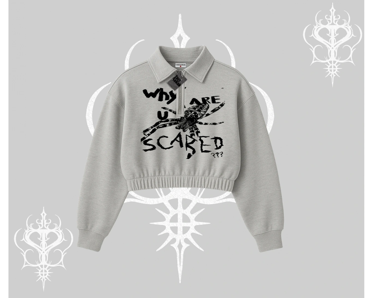 Beyaz Crop Yarım Fermuarlı Sweatshirt Why are u Scared