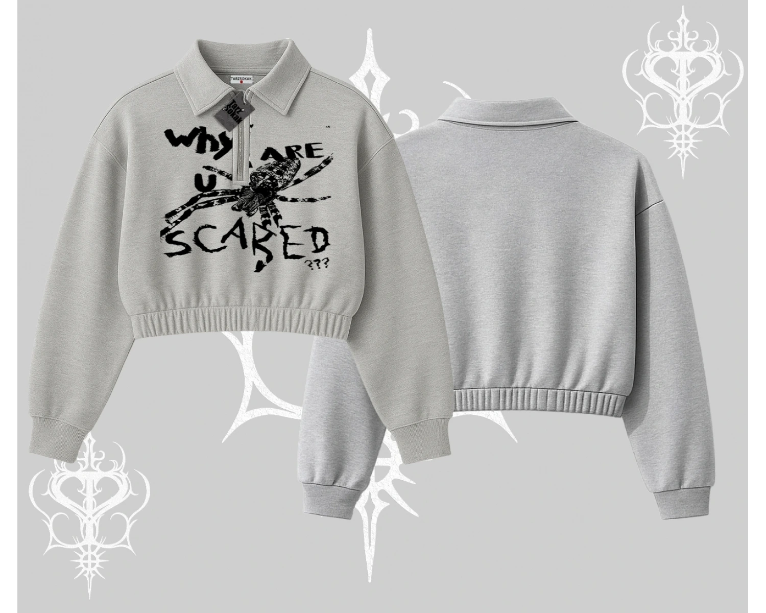 Beyaz Crop Yarım Fermuarlı Sweatshirt Why are u Scared