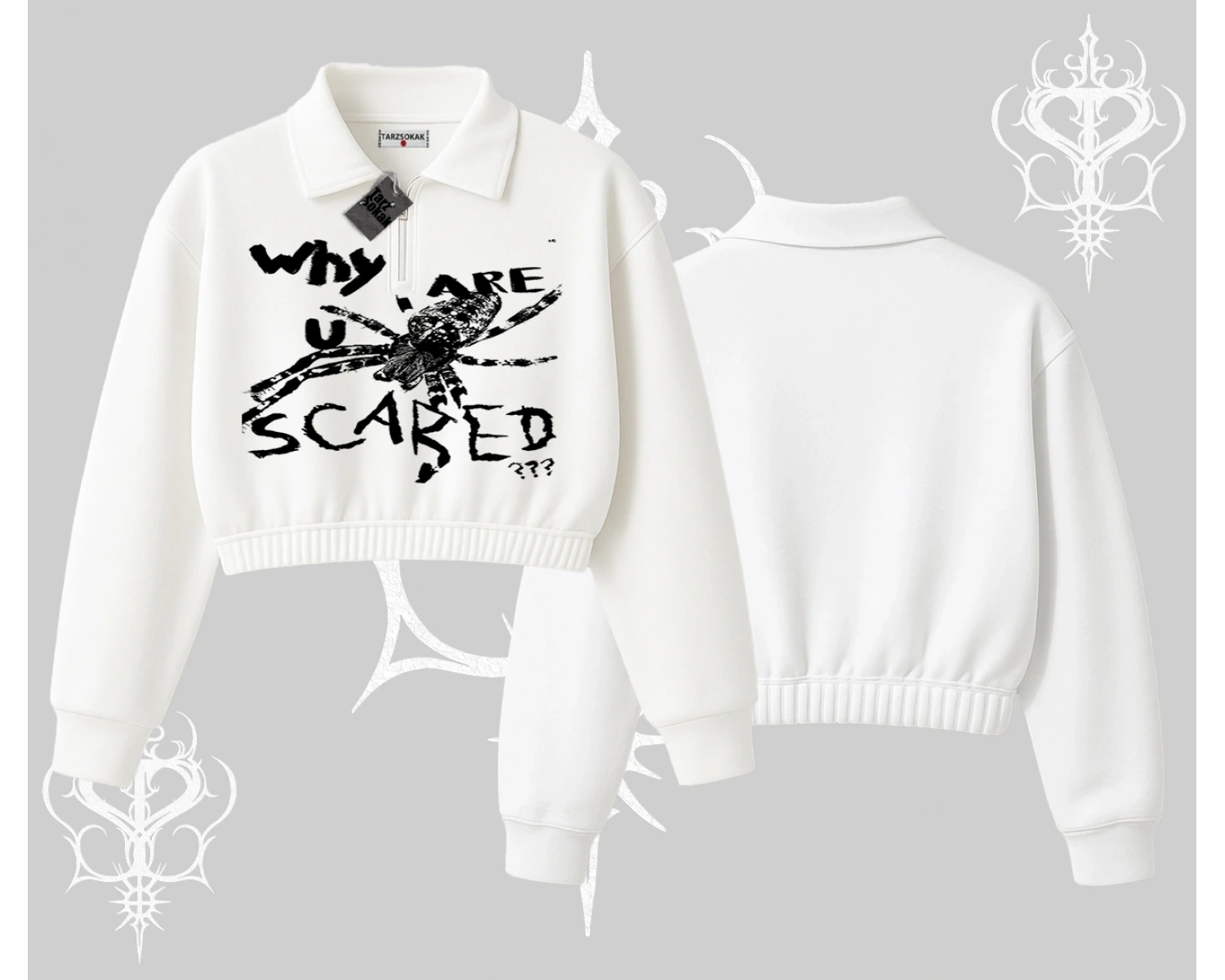Beyaz Crop Yarım Fermuarlı Sweatshirt Why are u Scared