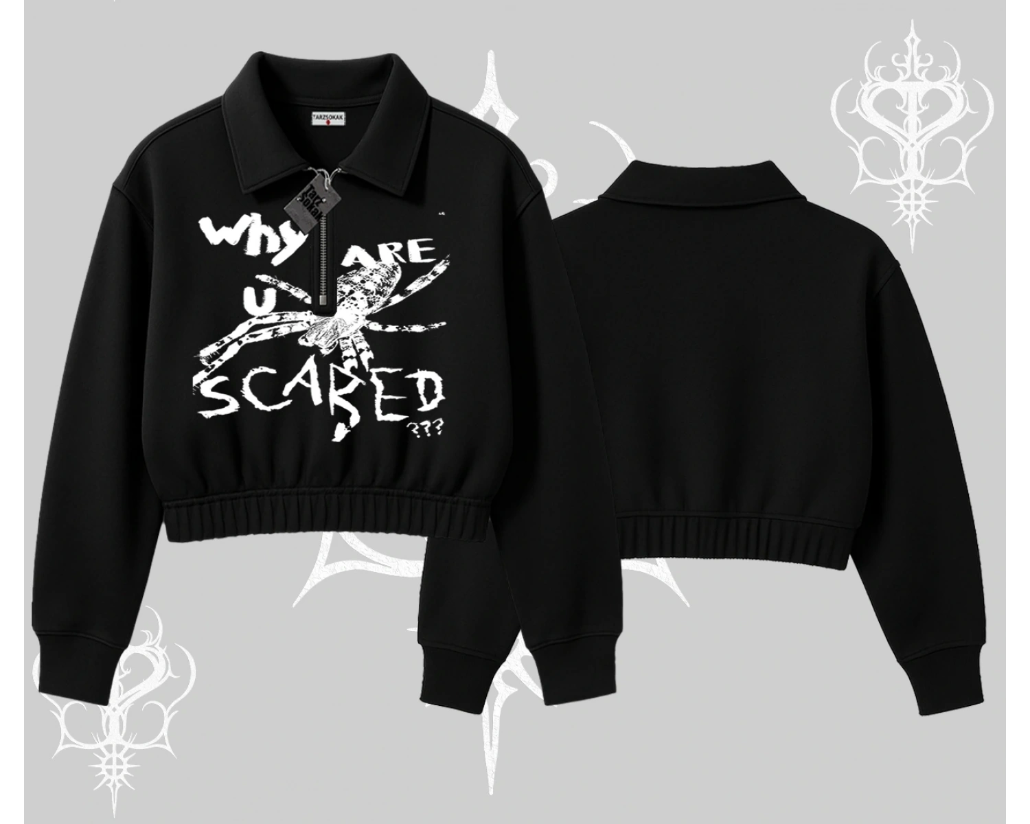 Beyaz Crop Yarım Fermuarlı Sweatshirt Why are u Scared