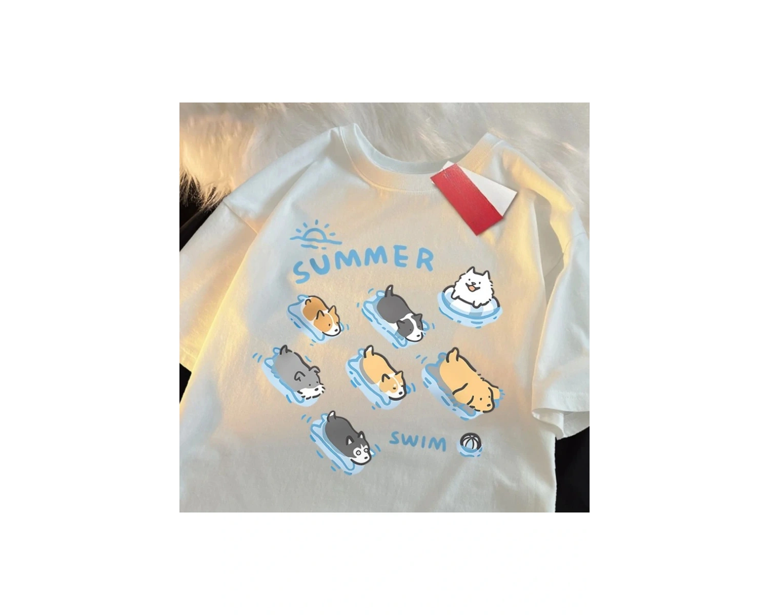 Beyaz Eğlenceli Kedi ve Köpek Yüzme Japon Tarzı ol ler Yaz Üstleri