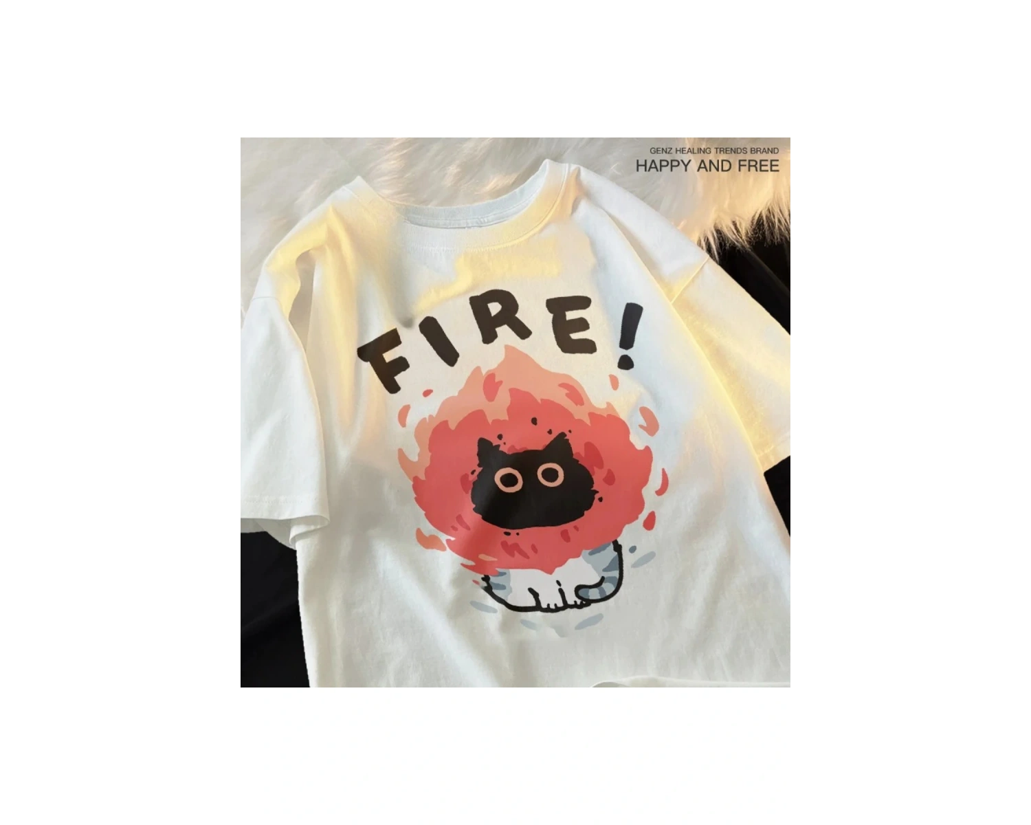 Beyaz Eğlenceli ve Sevimli Kedi ve Köpek Desen Gevşek Tshirt Vintage Üst FemaleT-Shir