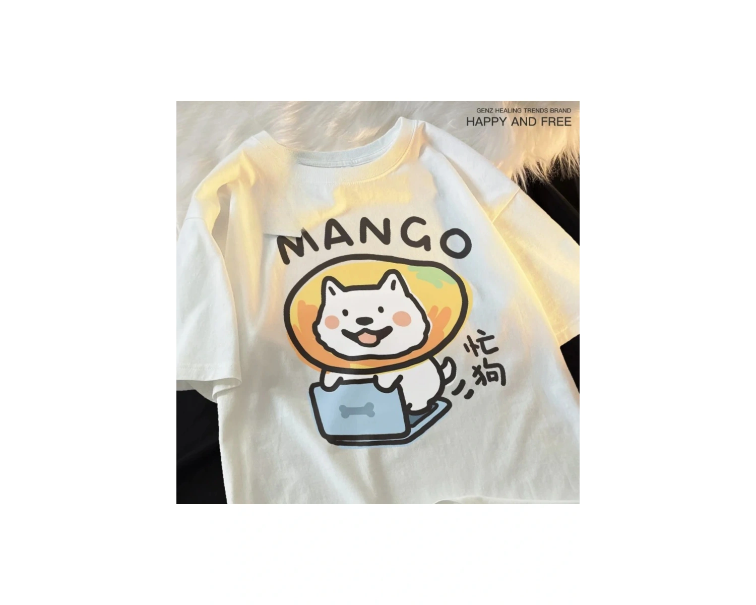 Beyaz Eğlenceli ve Sevimli Kedi ve Köpek Desen Gevşek Tshirt Vintage Üst FemaleT-Shir