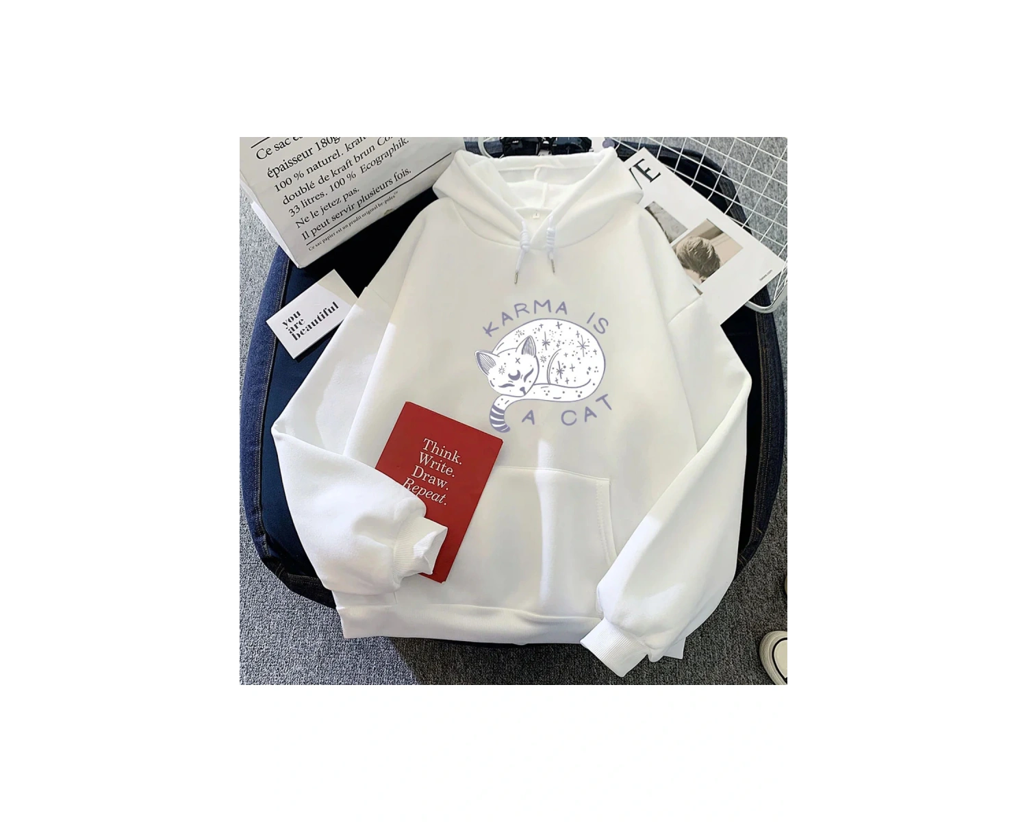 Beyaz Eras turu Karma bir kedi 2D Hoodies Casual boy