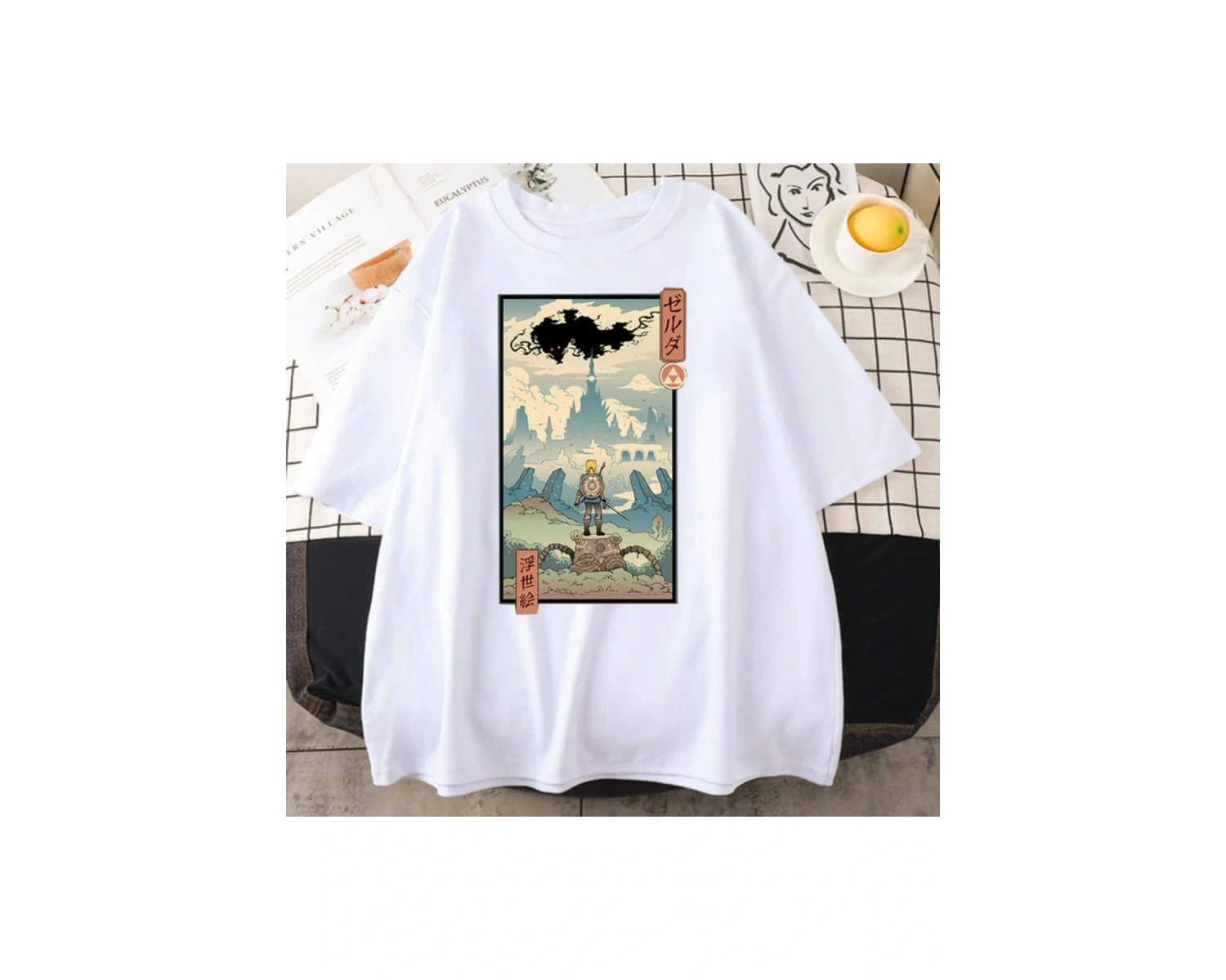 Beyaz Erkek Anime Savaççı Baskılı Oversize Bisiklet Yaka Tshirt