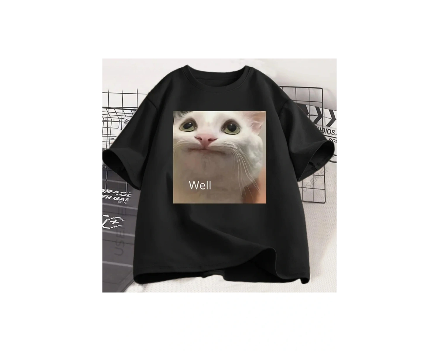 Beyaz Funny Cat Meme Graphic Tee for Cat Lovers Cute Humor Loose Short Sleeve Tee C