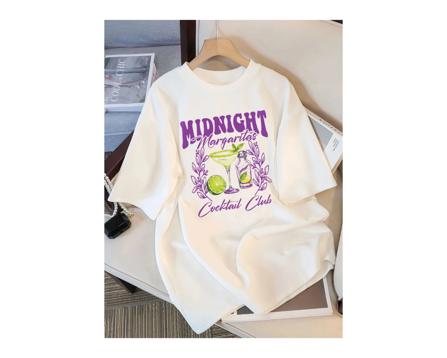 Beyaz Gece yarısı Margaret Kokteyl Kulübü Tasarım Tee O-Boyun Gevşek Trendy Üst R