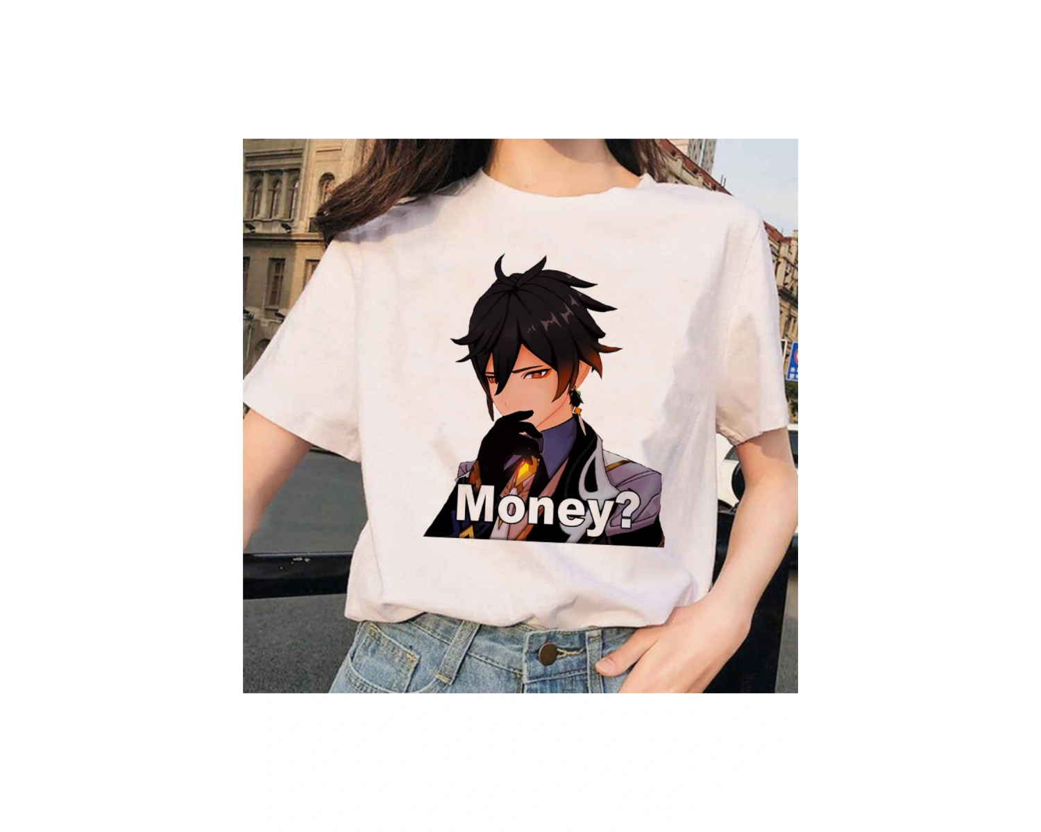 Beyaz Genshin Darbe Zhong Li Morax Tees Kısa Sleeve100 Yaz Karikatür Streetweed