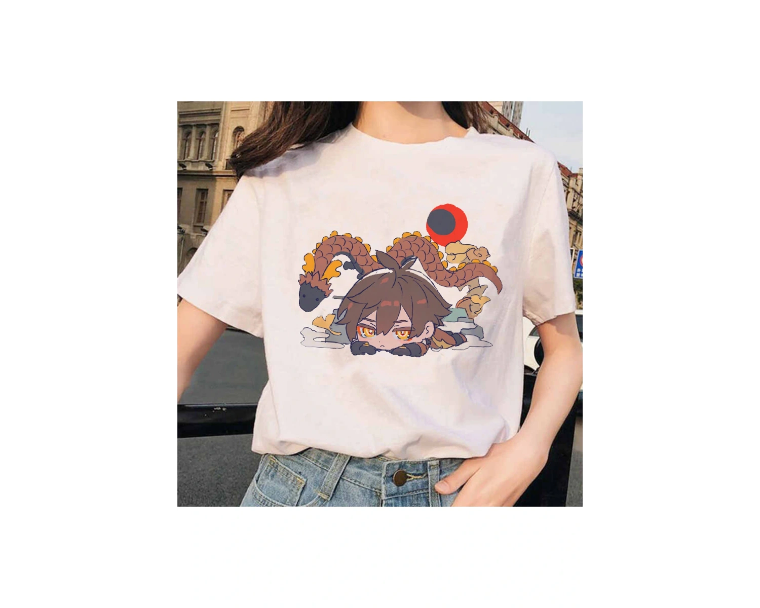 Beyaz Genshin Darbe Zhong Li Morax Tees Kısa Sleeve100 Yaz Karikatür Streetweed