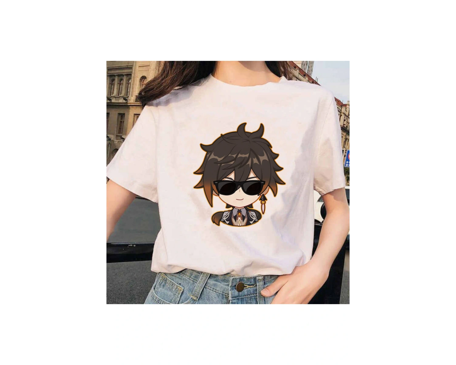 Beyaz Genshin Darbe Zhong Li Morax Tees Kısa Sleeve100 Yaz Karikatür Streetweed