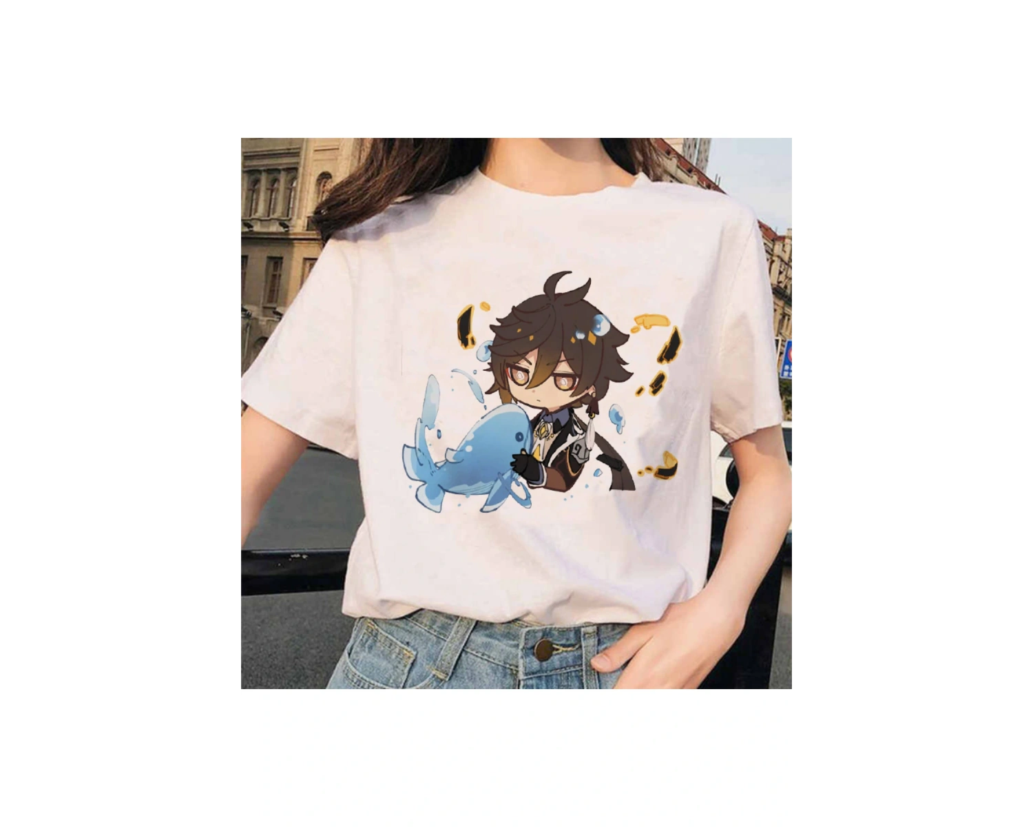 Beyaz Genshin Darbe Zhong Li Morax Tees Kısa Sleeve100 Yaz Karikatür Streetweed