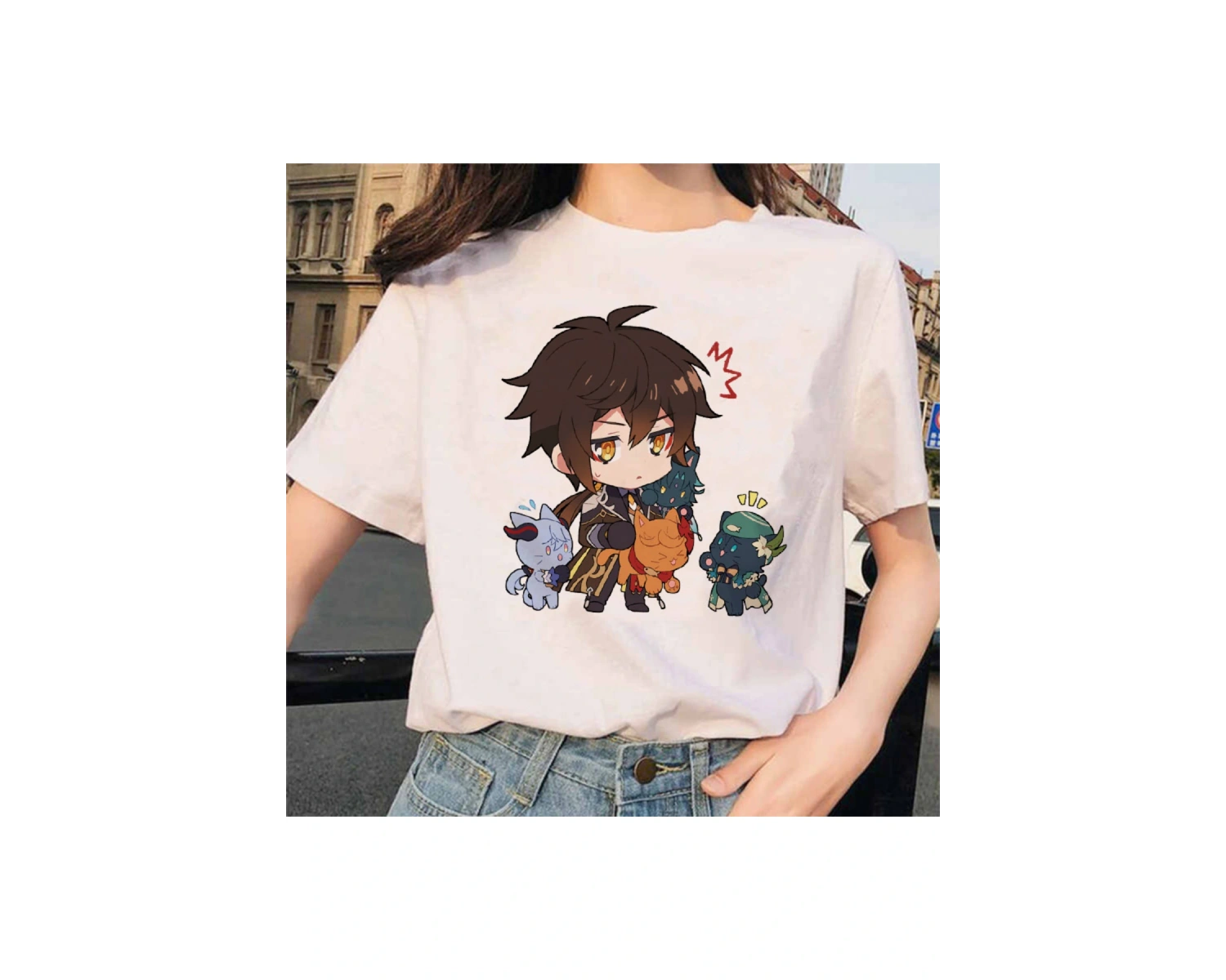 Beyaz Genshin Darbe Zhong Li Morax Tees Kısa Sleeve100 Yaz Karikatür Streetweed