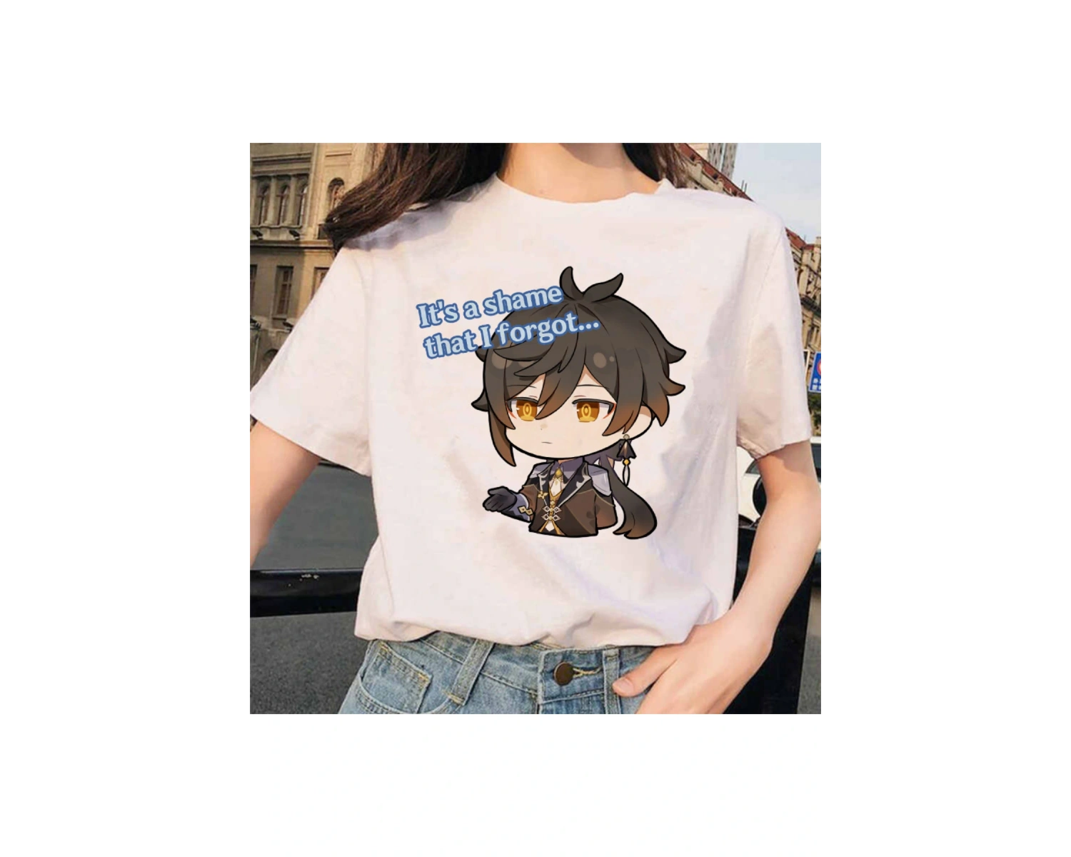 Beyaz Genshin Darbe Zhong Li Morax Tees Kısa Sleeve100 Yaz Karikatür Streetweed