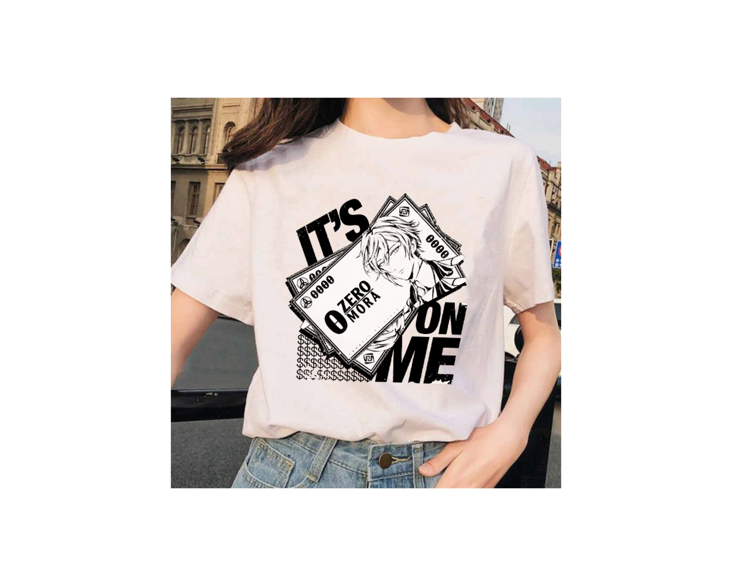 Beyaz Genshin Darbe Zhong Li Morax Tees Kısa Sleeve100 Yaz Karikatür Streetweed