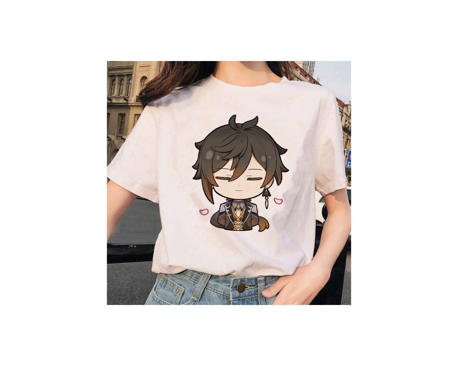 Beyaz Genshin Darbe Zhong Li Morax Tees Kısa Sleeve100 Yaz Karikatür Streetweed