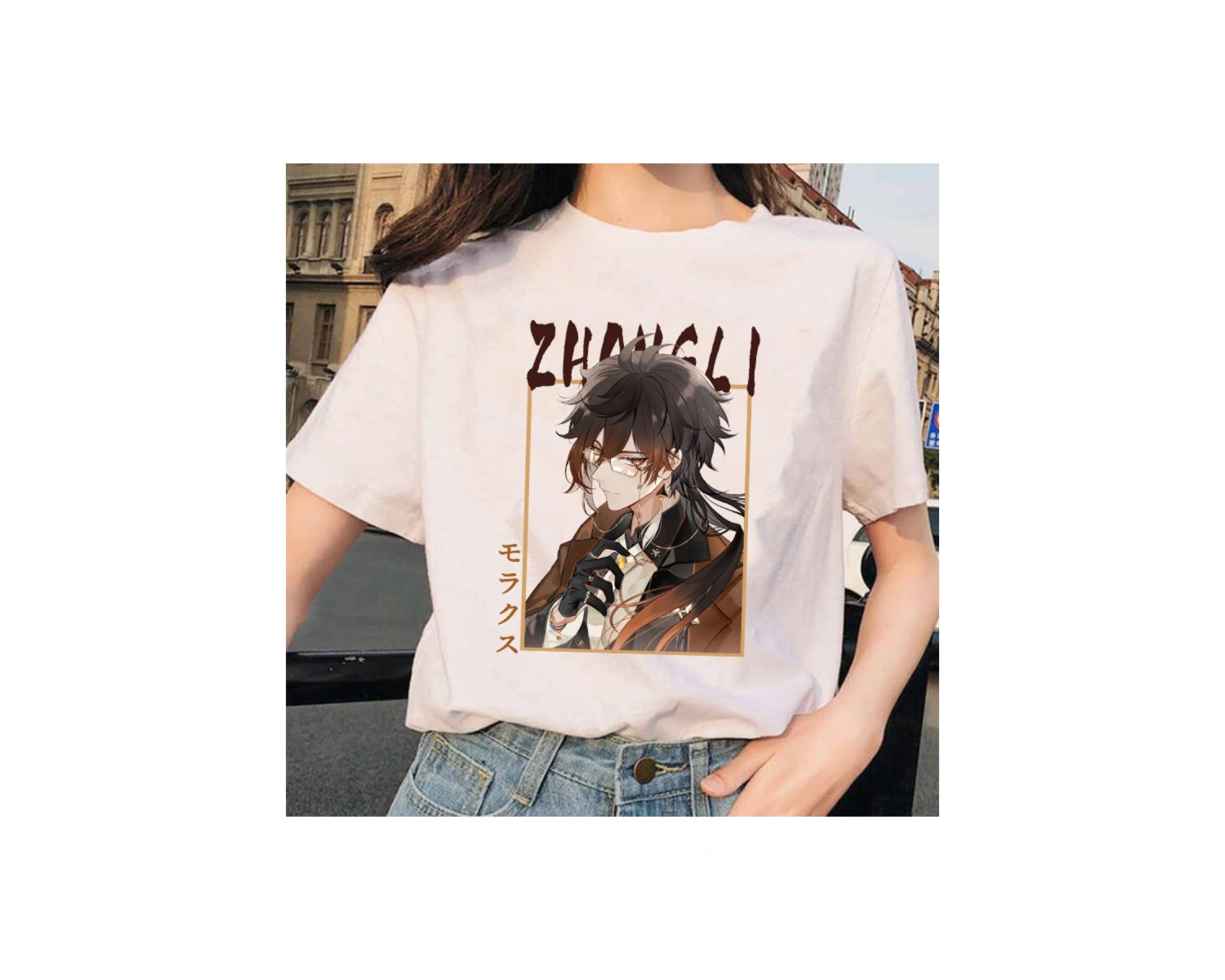 Beyaz Genshin Darbe Zhong Li Morax Tees Kısa Sleeve100 Yaz Karikatür Streetweed