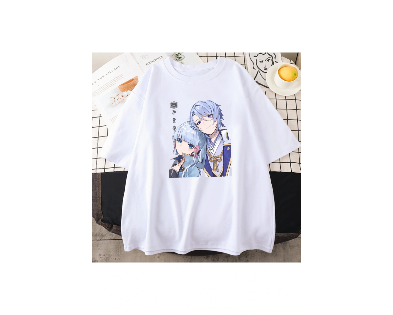 Beyaz Genshin Etki Kamisato Ayato ve Ayakas Anime Baskı Tees ilkbahar Ya