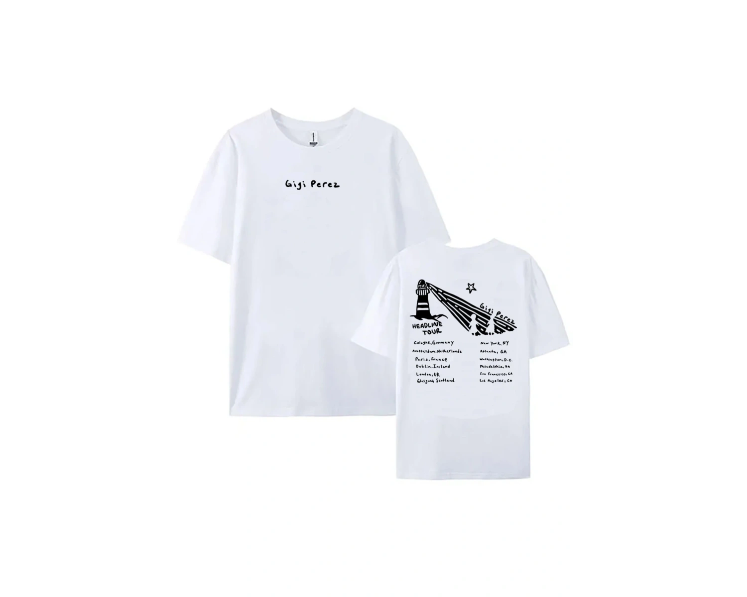 Beyaz Gigi Perez Deniz Feneri Turu Siyah Plajda, Her Hayatta, YENI Tshirt S