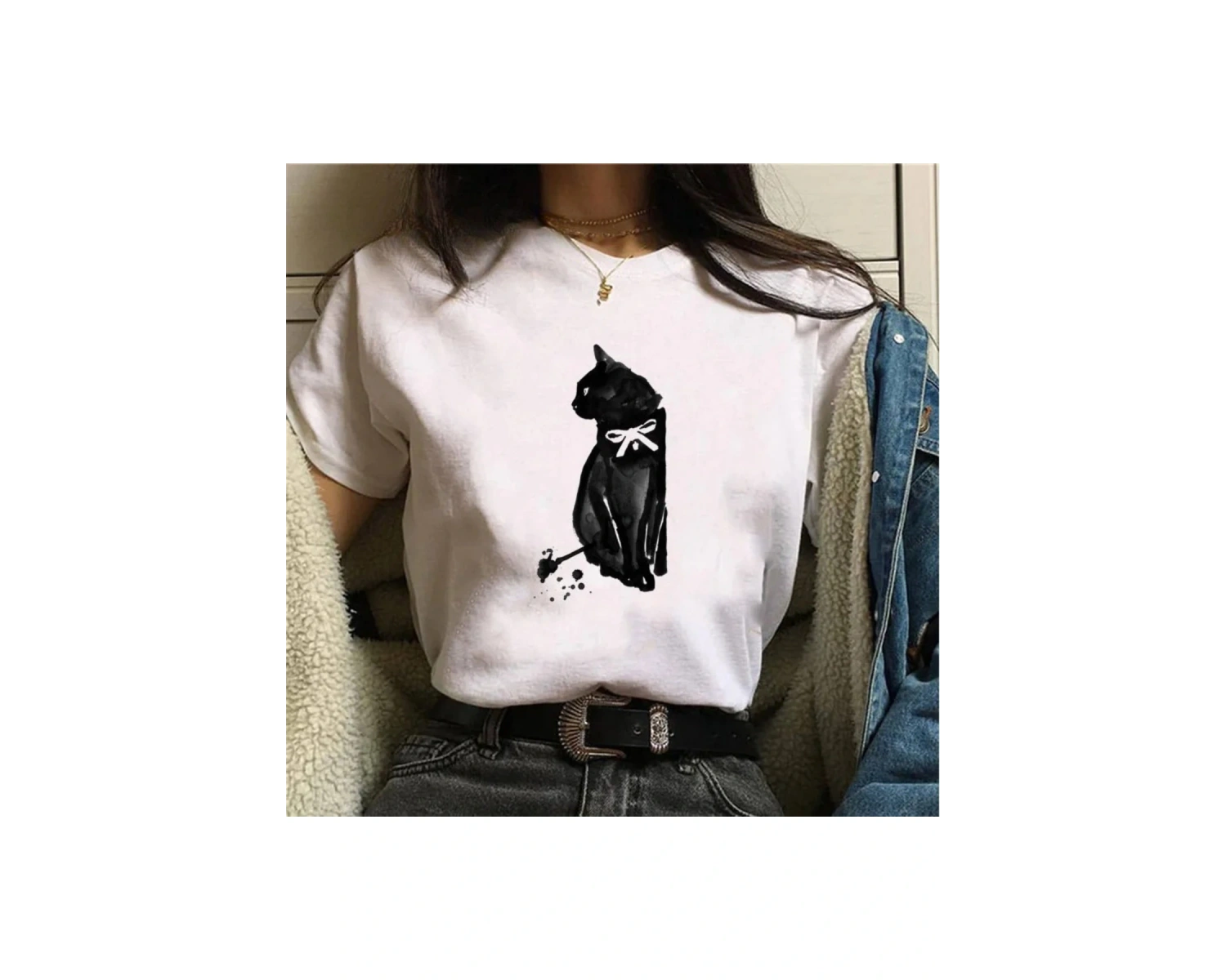 Beyaz Güzel kedi lar için siyah kedi baskı harajuku lar için