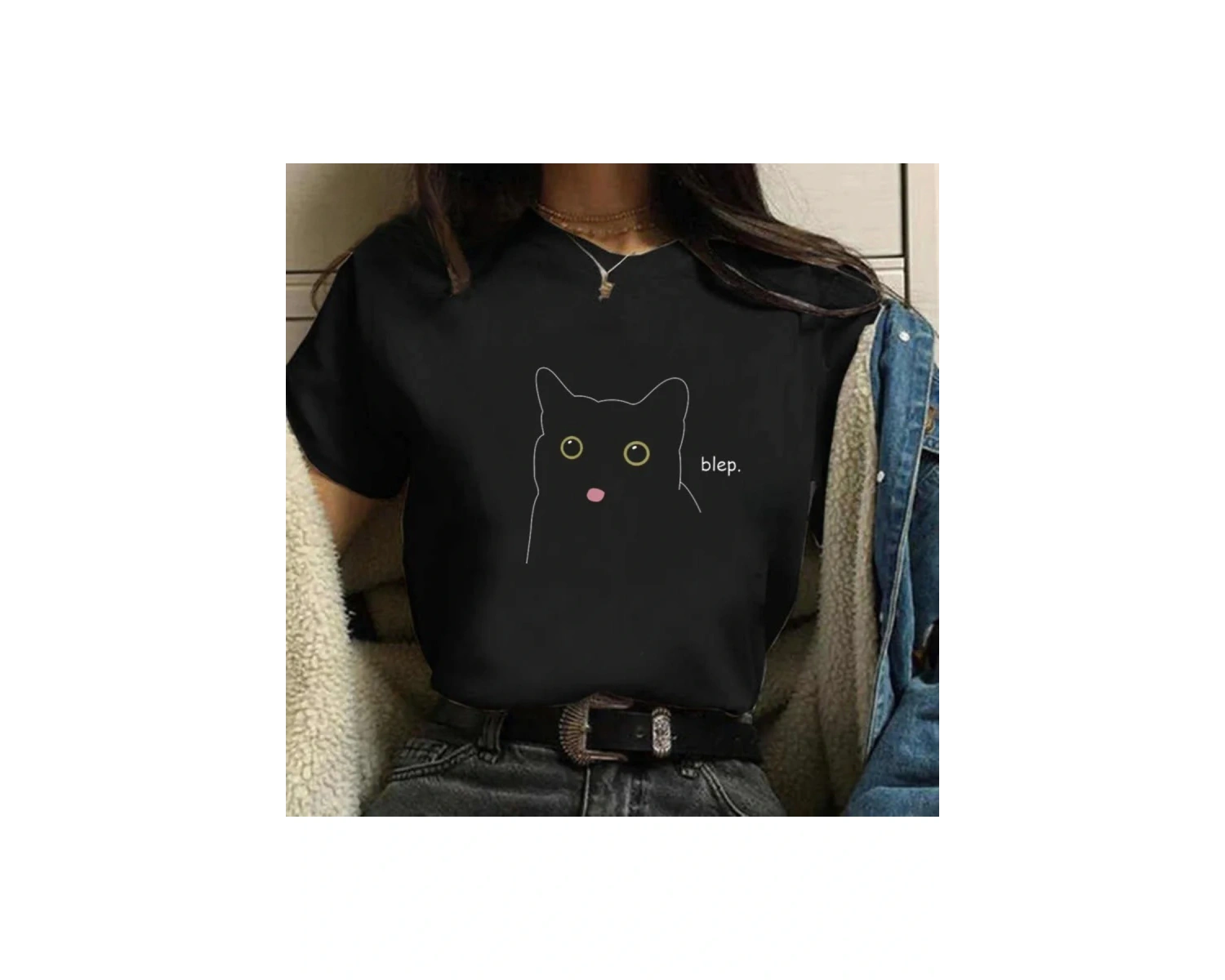 Beyaz Güzel kedi lar için siyah kedi baskı harajuku lar için