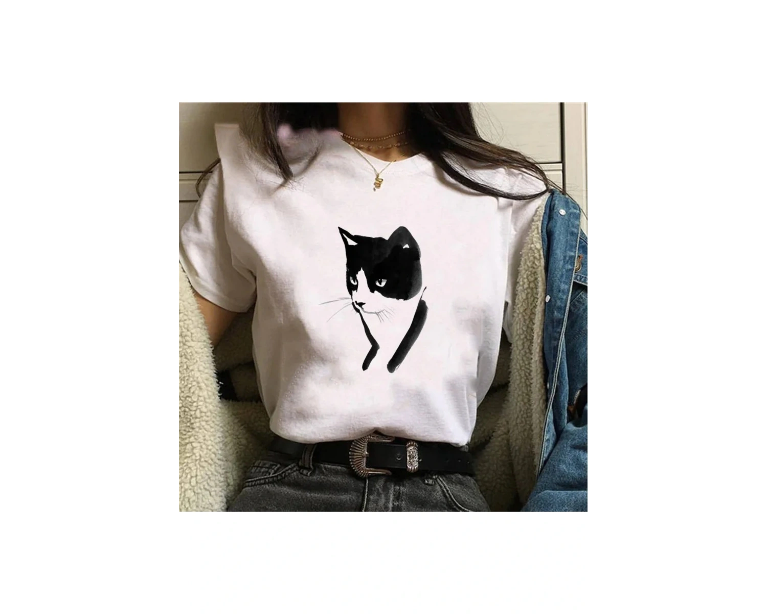 Beyaz Güzel kedi lar için siyah kedi baskı harajuku lar için