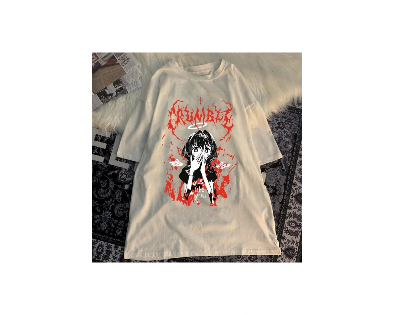 Beyaz Harajuku Gotik Punk Karikatür Yuvarlak Boyun Yaz Ulzzang Hip-Hop Gev