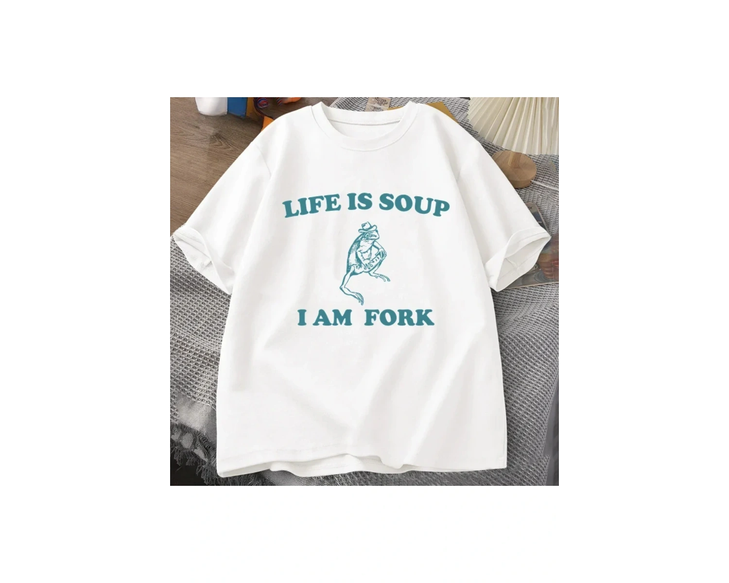 Beyaz Hayat Çorba Ben Çatal Kurbağa Grafik Unisex Komik Retro Yaz Hayvan Baskılı Ts
