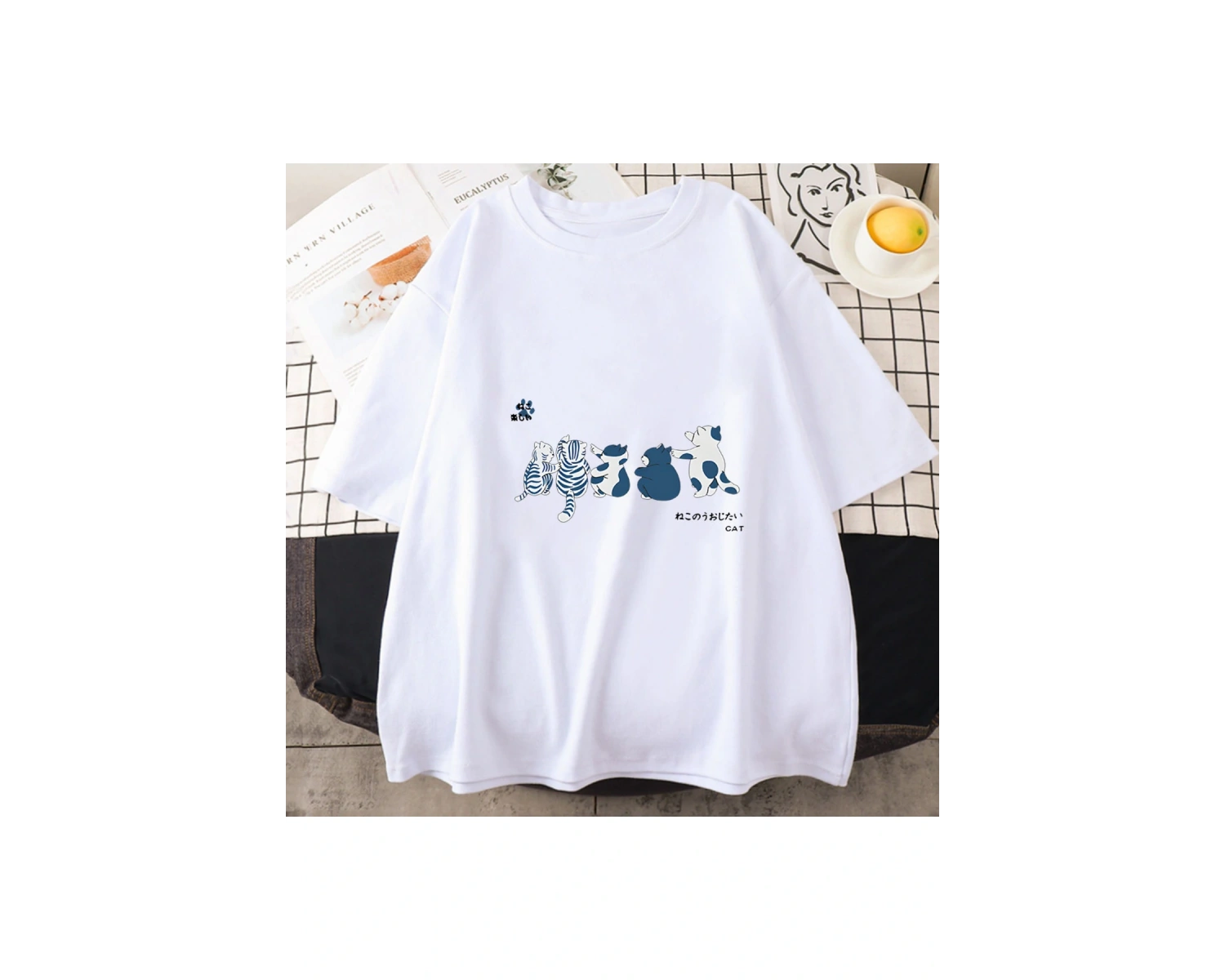 Beyaz Japon Kanji Kedi Karikatür Kawaii Baskı Üstleri Komik Sevimli Harajuku Yaz
