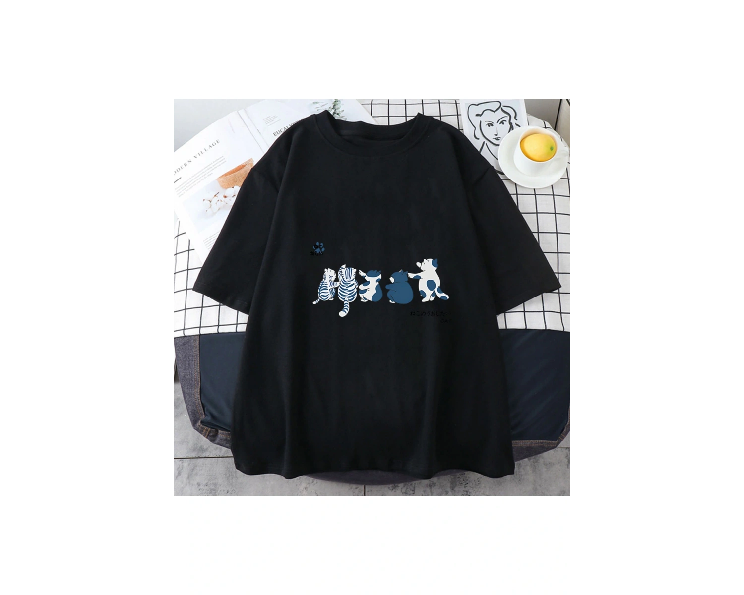 Beyaz Japon Kanji Kedi Karikatür Kawaii Baskı Üstleri Komik Sevimli Harajuku Yaz