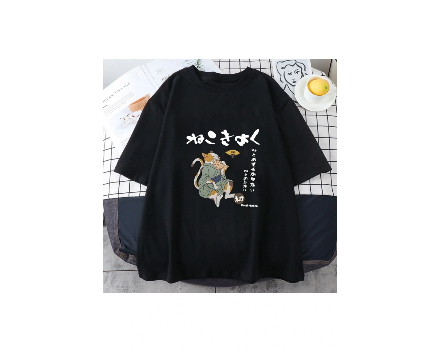 Beyaz Japon Kanji Kedi lar için Baskı Hayvanlar Yaz Kawaii T Göm