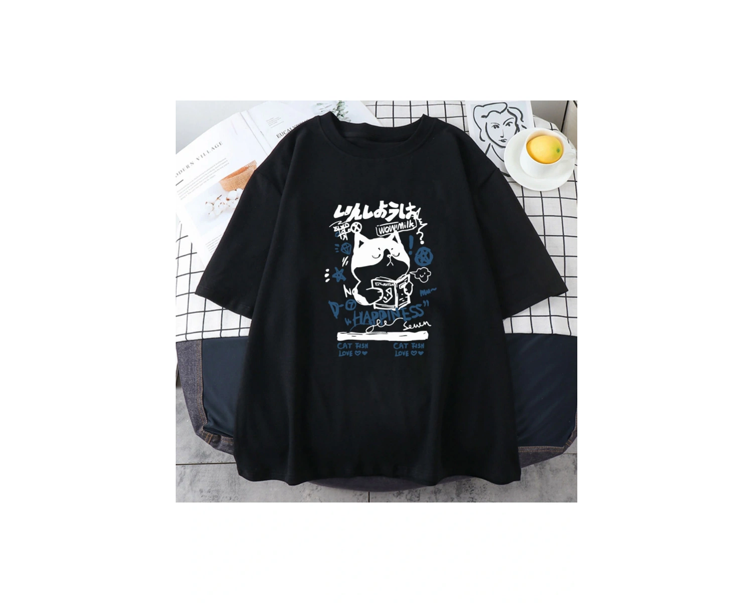 Beyaz Japon Kanji Kedi luKawaii Grafik Baskı Tees