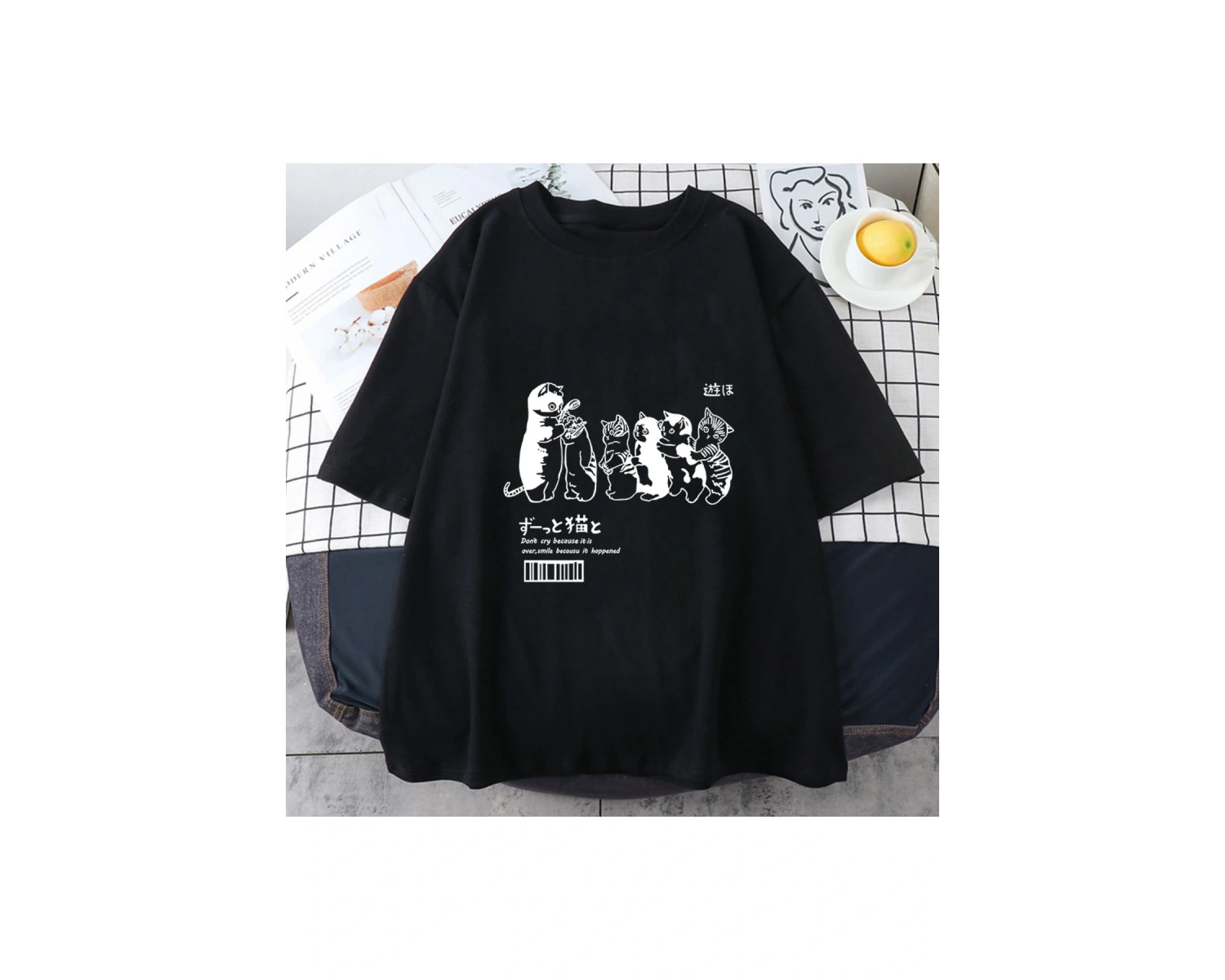 Beyaz Japon Kanji Kedi T Üstleri Yaz Çiftler Ge