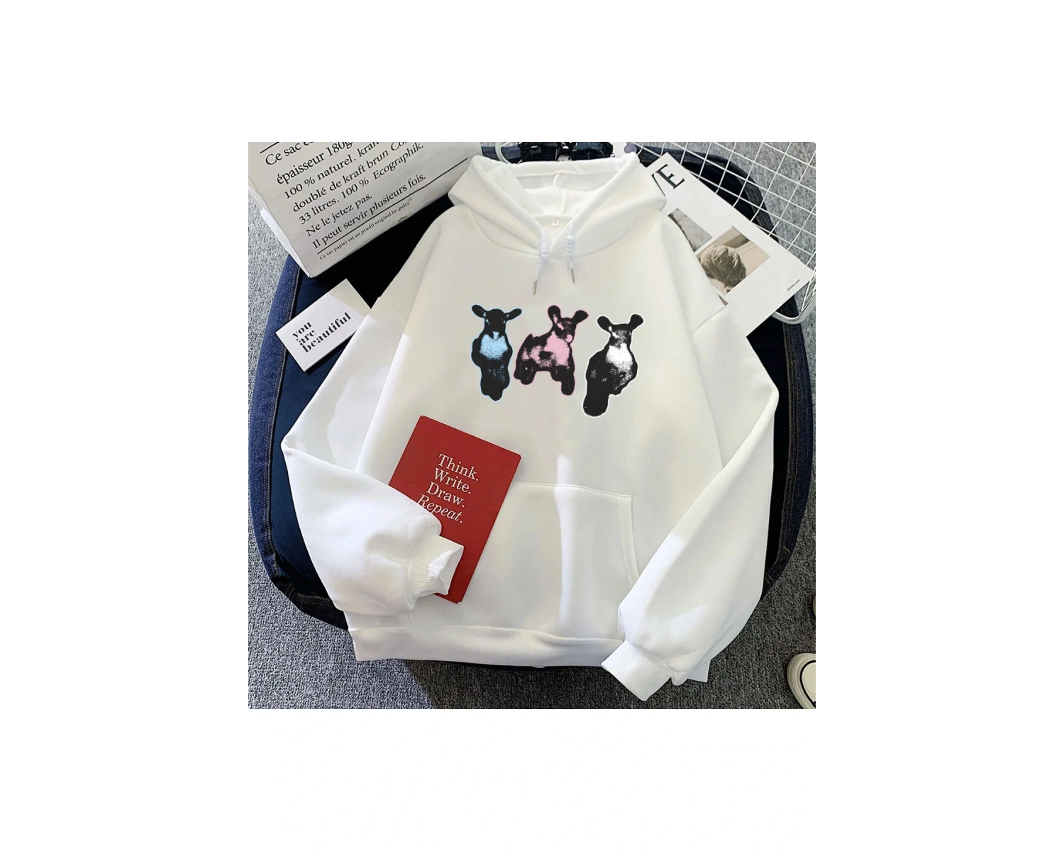 Beyaz Jazmin-fasulye koyun grafik Hoodies Sudaderasuzun kollu Un