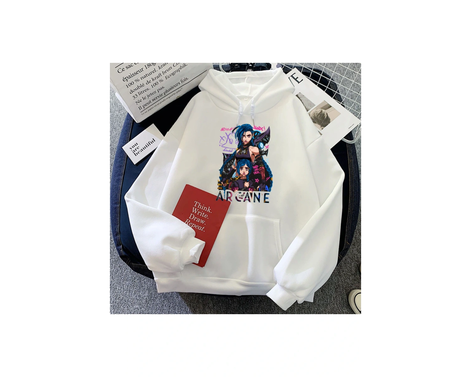 Beyaz Jinx Arcane Hoodies Hooded Long Sleeve Wo Female Casual Game Gr