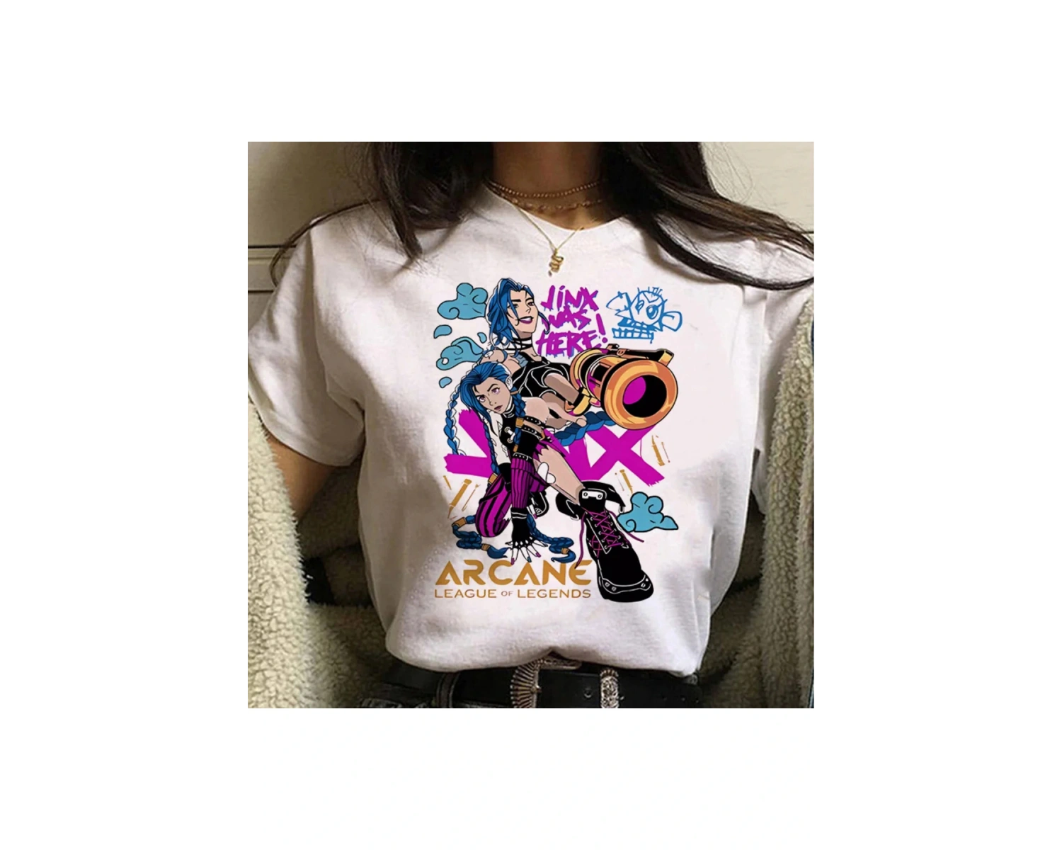 Beyaz Jinx Arcane Maymun Anime Cosplay Tees Unisex Grunge Estetik Ka