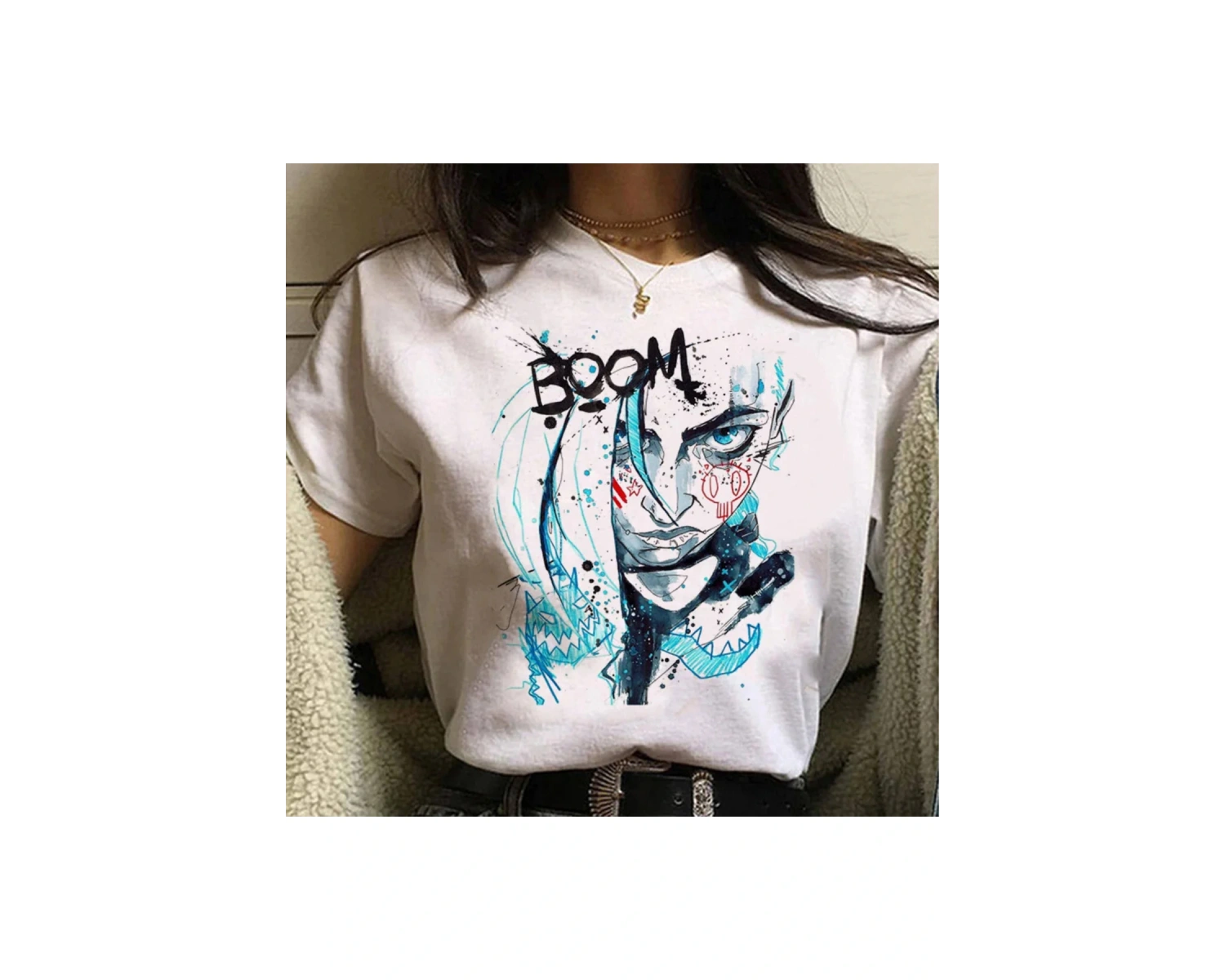 Beyaz Jinx Arcane Maymun Anime Cosplay Tees Unisex Grunge Estetik Ka