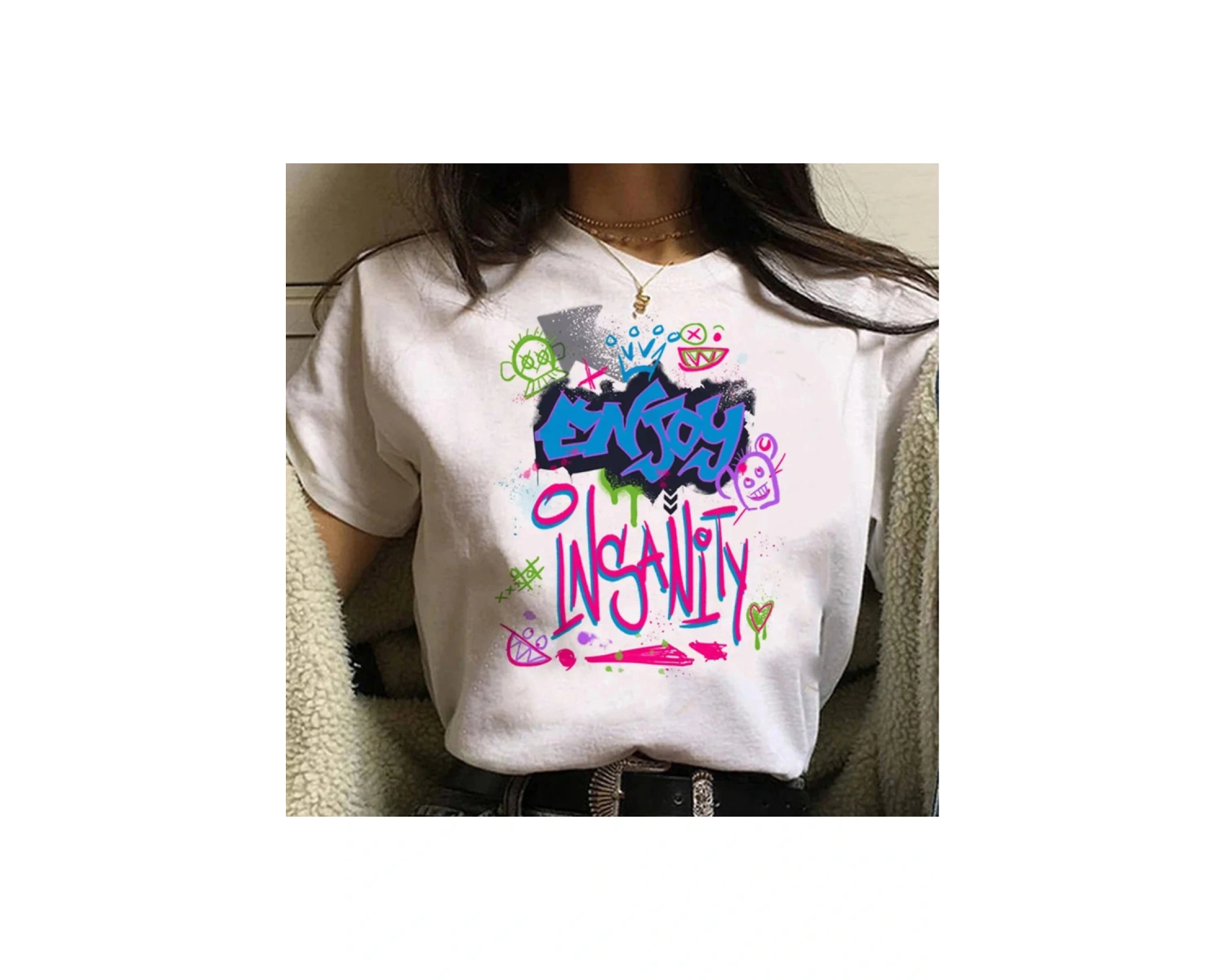 Beyaz Jinx Arcane Maymun Anime Cosplay Tees Unisex Grunge Estetik Ka