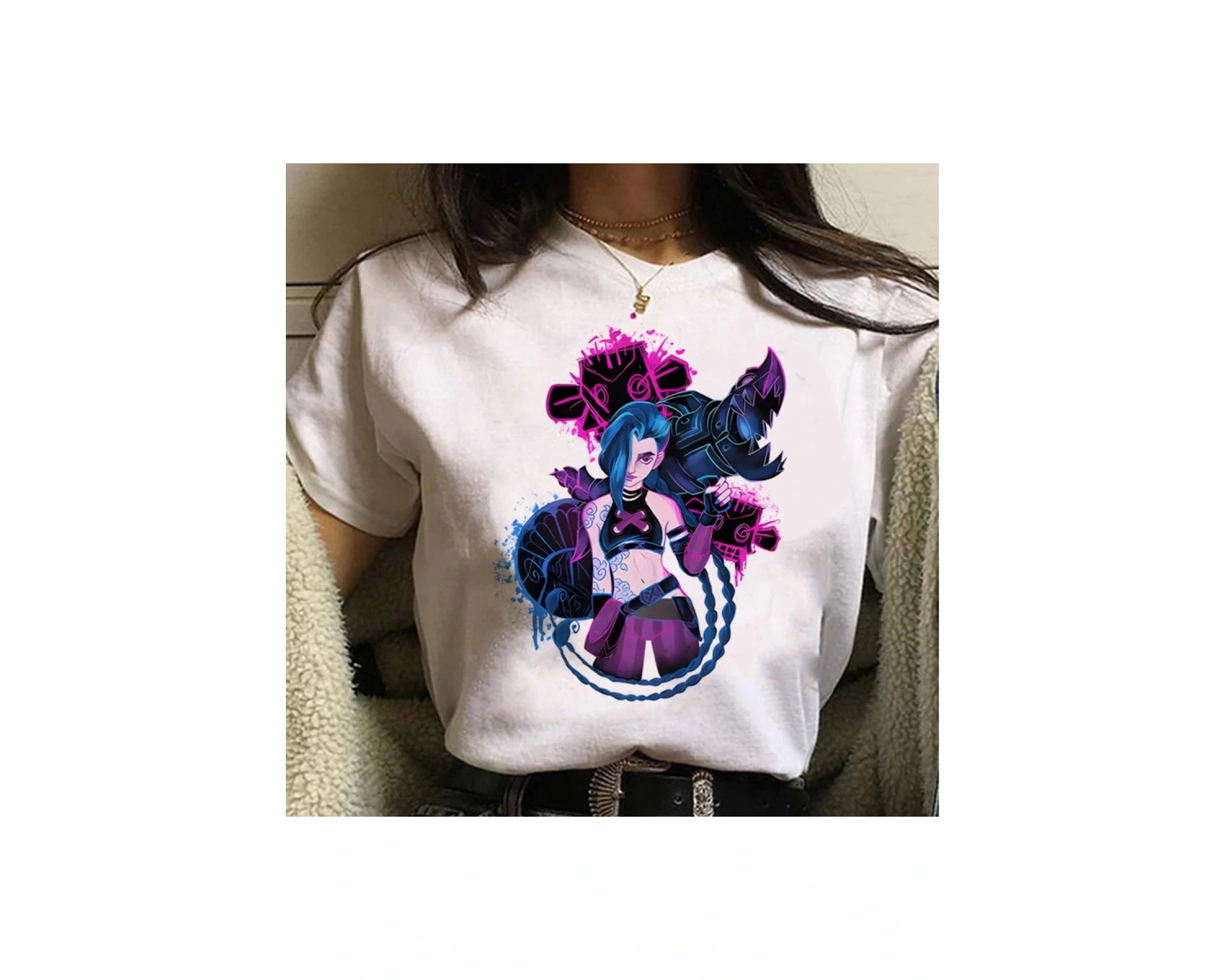 Beyaz Jinx Arcane Maymun Anime Cosplay Tees Unisex Grunge Estetik Ka