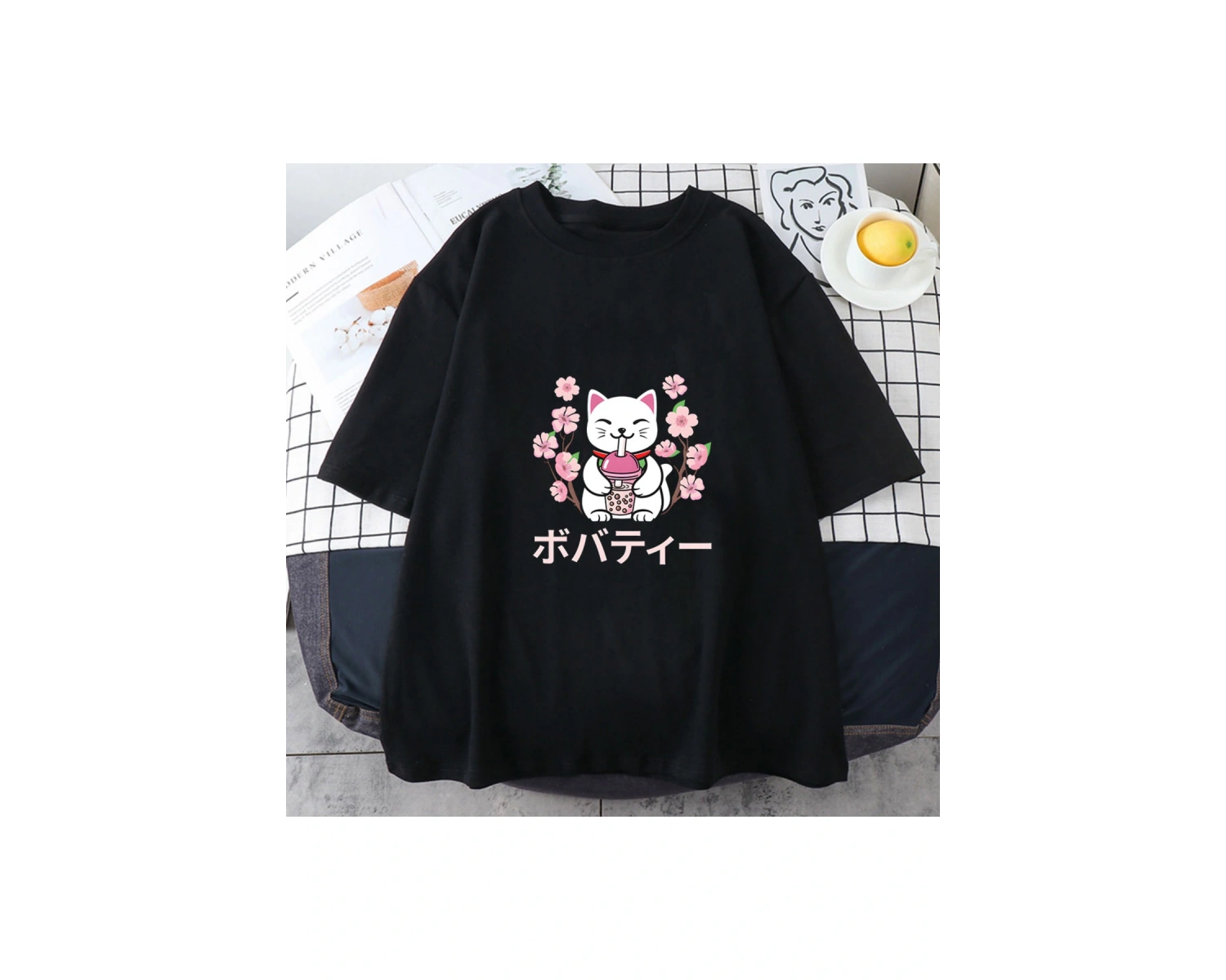 Beyaz Kabarcık Boba Süt Çay Sevimli Kedi Grafik japon animesi anlar Yaz için Tops